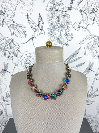 Rainbow colored jeweled statement necklace, blue, green, pink, red small cluster, Costume Holiday Jewelry