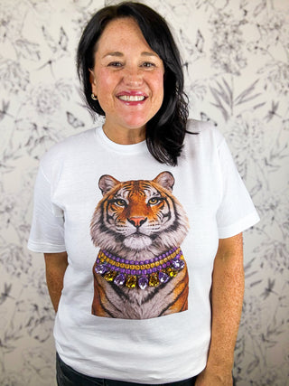 Saturday Tiger Tee, white crew neck tee, soft thin style, short sleeves, longer length 29"-32", DTF Tiger with hand embellished purple and gold rhinestones around neck of tiger, GAME DAY, LSU TEE, Sizes Small thru 2XL
