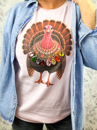 Talk Turkey to Me Tee, Pink Long Length, Short Sleeve Tshirt, soft, thin style, Turkey DTF and hand embellished colorful rhinestones around neck of turkey.