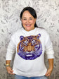 white long sleeve cotton knit sweater with purple and brown tiger head Game Day LSU