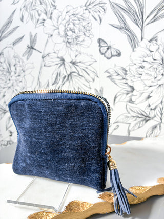 Travel Jewelry Pouch Navy, Zippered with Tassle, accordian style interior pocket, FINAL SALE