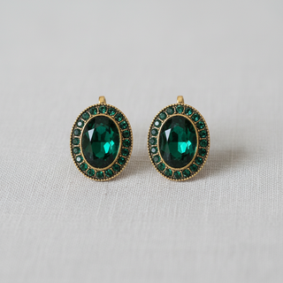 Victorian-Style Emerald Oval Halo Stud Earrings