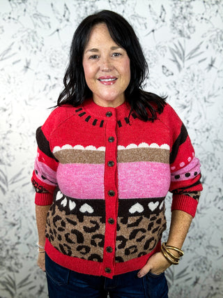 Wild Hearts Leopard Cardigan by European Brand ICHI. red white pink and brown cardi with hearts and scallops