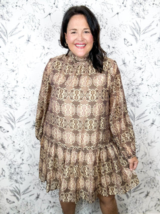 Woodland Tapestry Mini Dress ENTRO tan brown medallion drop hem long sleeve fall mini dress