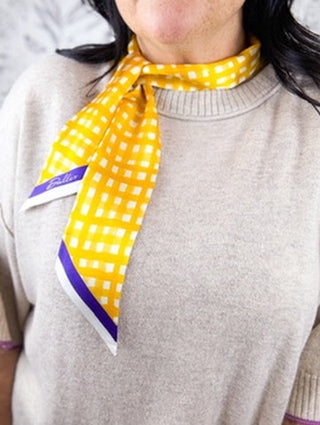 yellow gingham check twilly scarf with purple and white edging by DALLIS FOSHEE