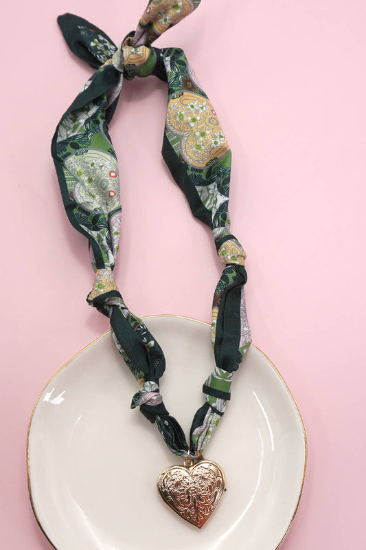 Filigree Heart Charm Green Scarf Necklace - Best & Co. Boutique
