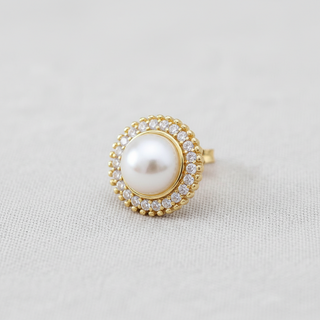 Round Halo Pearl and Cubic Zirconia Stud Earrings