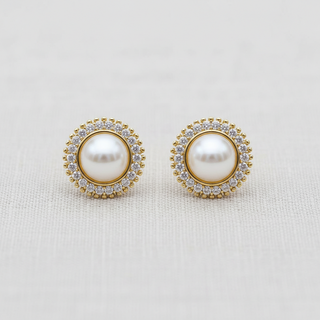 Round Halo Pearl and Cubic Zirconia Stud Earrings