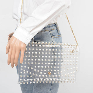 Pearl Studded Clear Envelope Crossbody | Silver