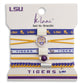 A 5-piece LSU Tigers hair tie and bracelet set by K'lan'i, displayed on its original white retail backing card. The set includes blue and gold elastic bands, a gold elastic band, a white band with purple lettering, and a braided blue and gold bracelet, featuring team logos, a tiger emblem, and a silver-tone charm.