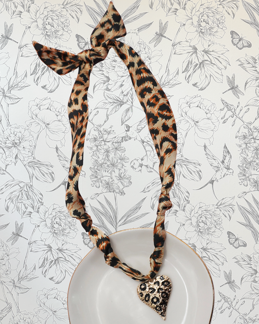 Leopard Heart Charm Scarf Necklace