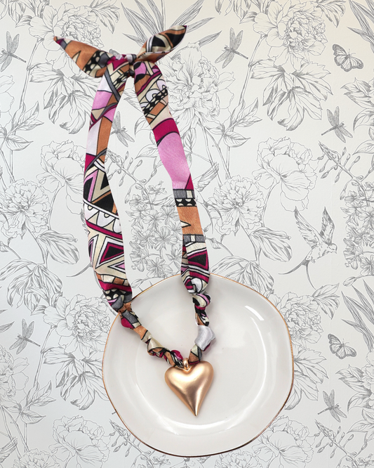 Heart Charm Pink Scarf Necklace